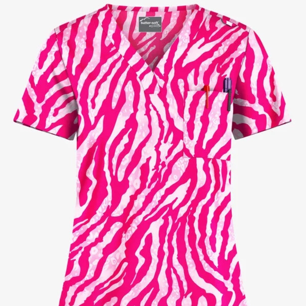 Butter-Soft Stretch Tiger Fantasy Fuchsia 1-Pocket V-Neck - Women's Small
